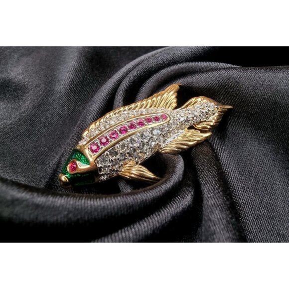 Vintage SWAROVSKI Signed Gold Plated Violet Clear Crystals Fish Brooch - Picture 3 of 4